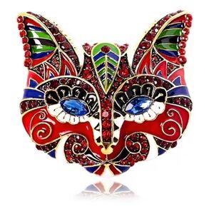 Small Size Vibrant Cat Face Brooch with Gem Accents